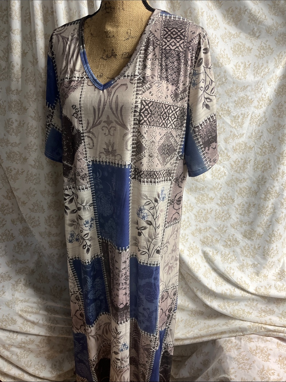 Patchwork Print Maxi Dress in Blue and Cream with side split